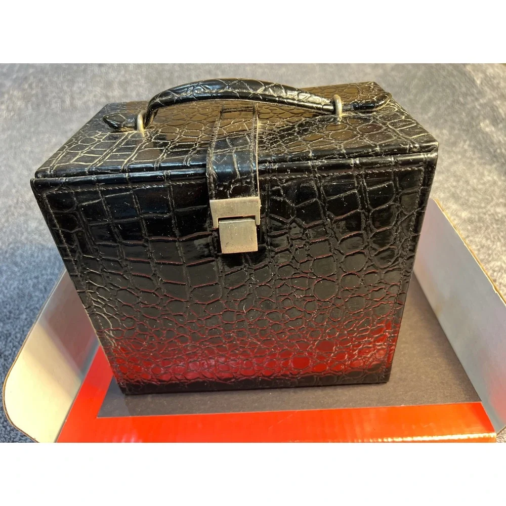 Black Faux Croc Embossed Makeup Train Case Jewelry Box with Mirror & Drawers